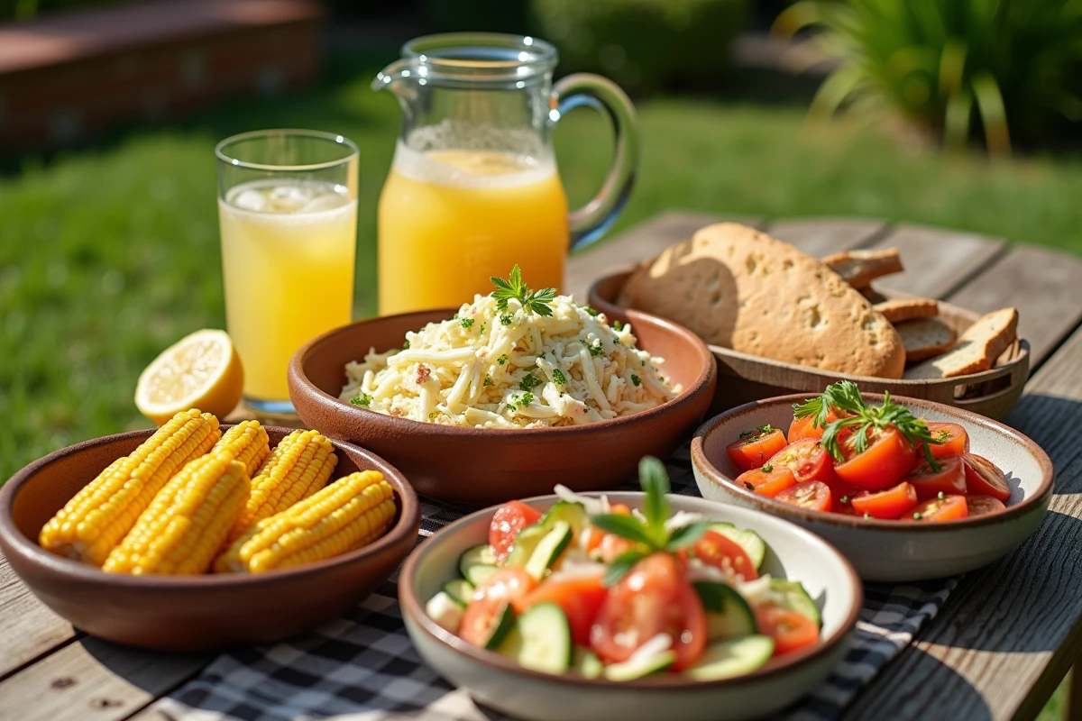 Table de barbecue estivale avec accompagnements pas chers : coleslaw, maïs grillé, salade tomate-concombre et baguette sur une table en bois