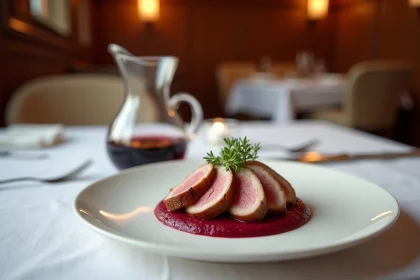 Accord mets et vins raffiné au restaurant Rivoli avec canard rôti et vin de Bourgogne sur nappe blanche