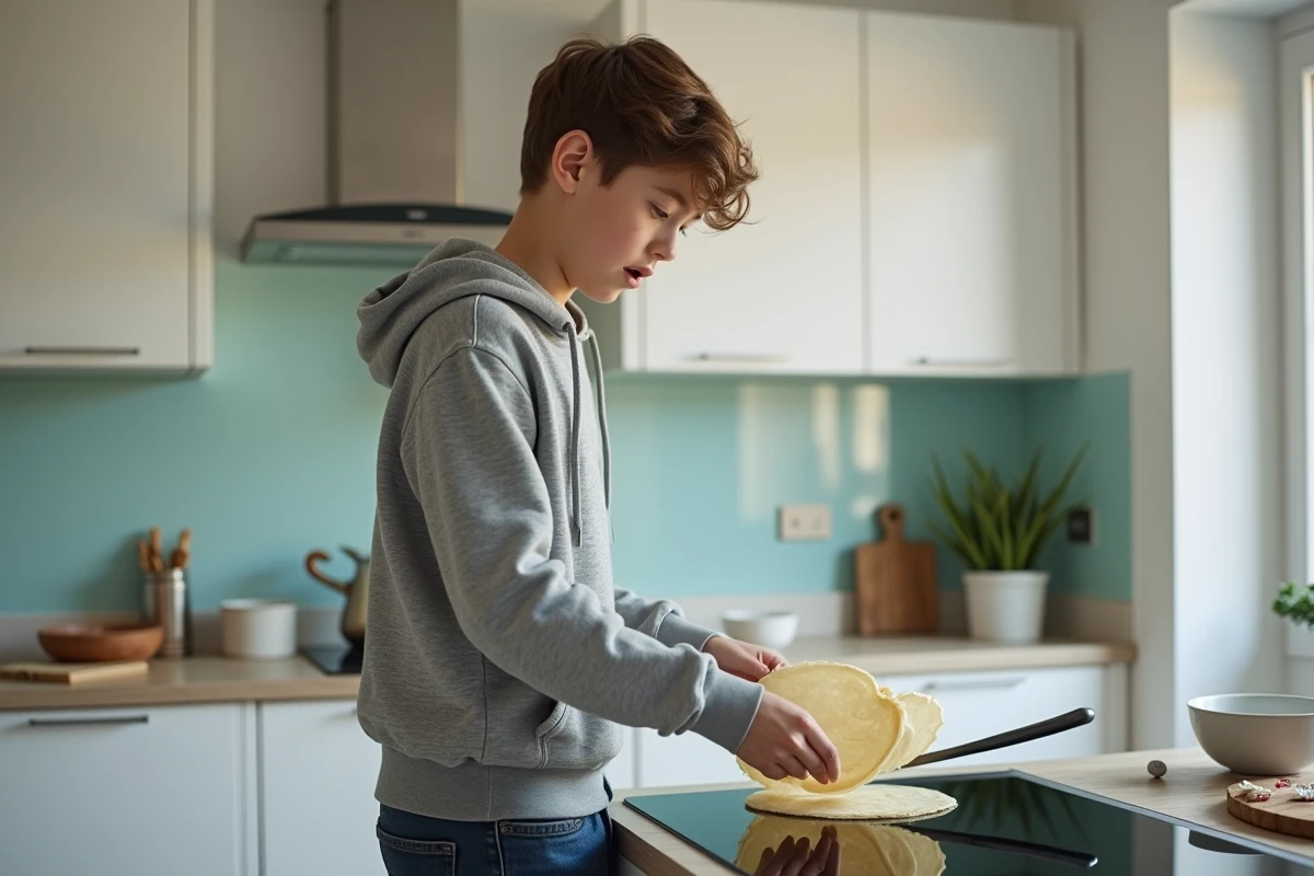 Adolescent surpris en train de rater le retournement d'une première crêpe sur une plaque induction dans une cuisine moderne