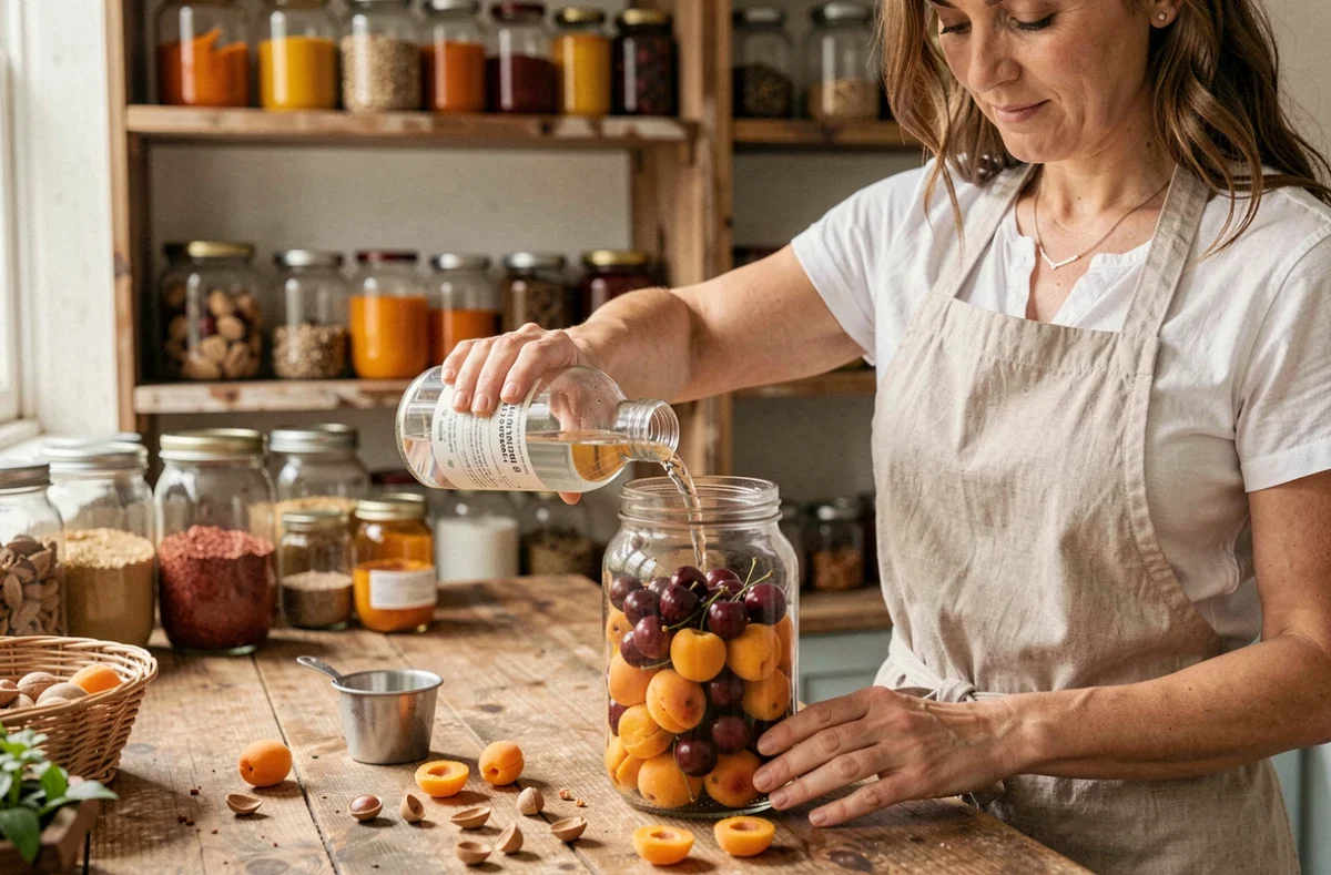 Femme versant de l'alcool 90 degrés dans un bocal en verre rempli de cerises et d'abricots pour la conservation des fruits maison