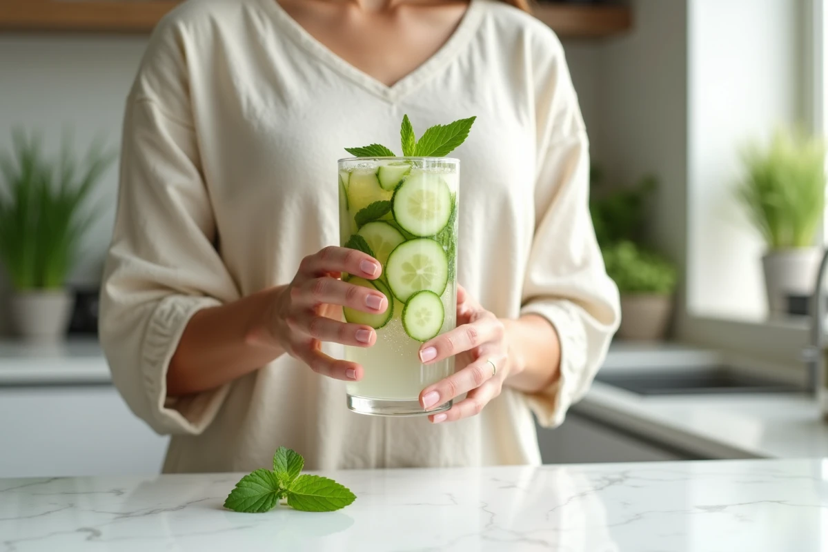 Femme tenant un verre d'eau infusée au concombre et citron, aliments drainants naturels pour éliminer les toxines