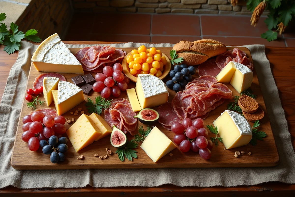 Table rustique garnie de délices gastronomiques internationaux : fromages affinés, prosciutto, figues fraîches, miel et chocolat noir