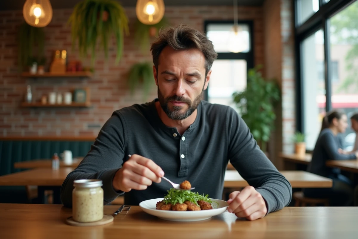 Homme dégustant un repas futuriste à base d'insectes et de légumes fermentés dans un café urbain minimaliste