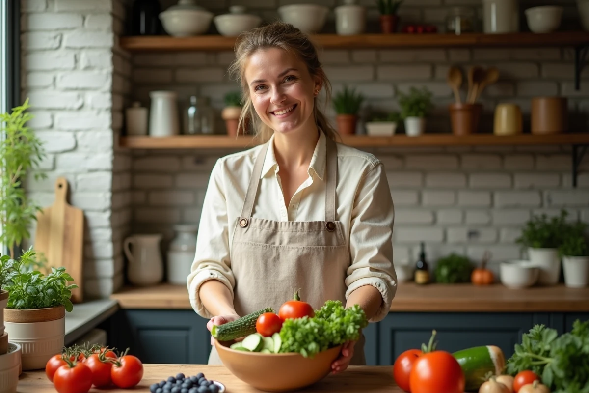 Femme préparant un bol de légumes et fruits frais dans une cuisine rustique pour une alimentation saine et légère