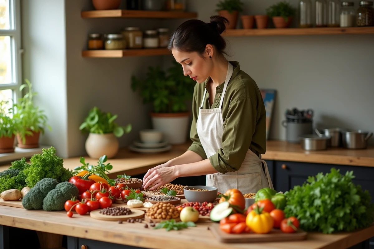 Femme préparant un repas végétalien avec des légumes frais, légumineuses et noix sur un plan de travail en bois dans une cuisine moderne