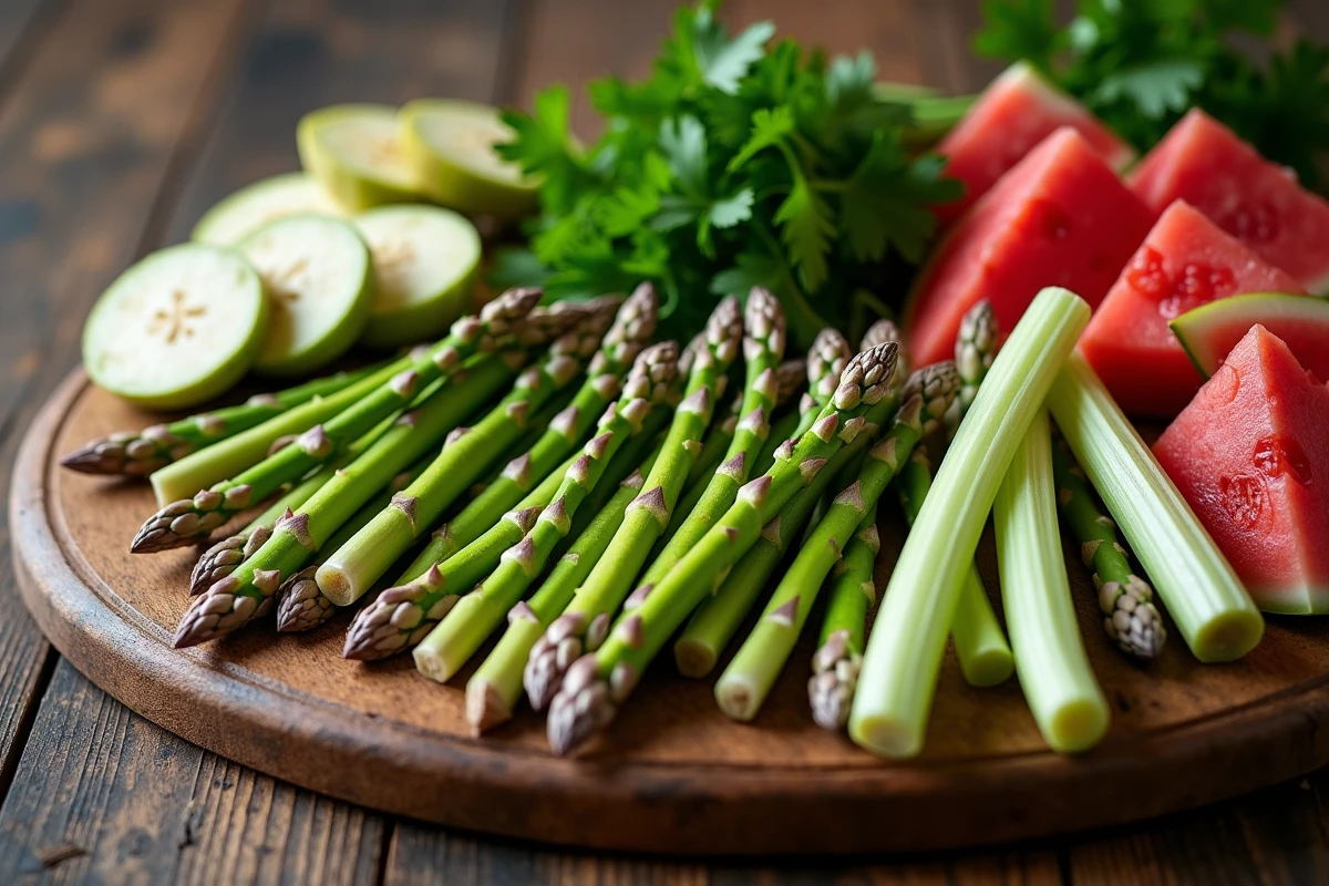 Assortiment d'aliments drainants naturels comme l'asperge, le céleri et le persil disposés sur une planche en bois rustique