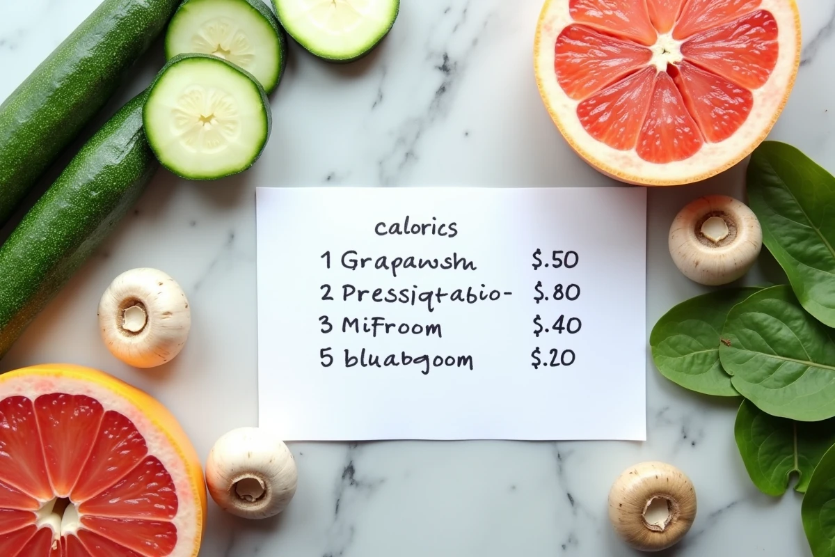 Vue de dessus d'un assortiment d'aliments faibles en calories comme la courgette, les épinards, le radis et le pamplemousse sur un fond en marbre blanc
