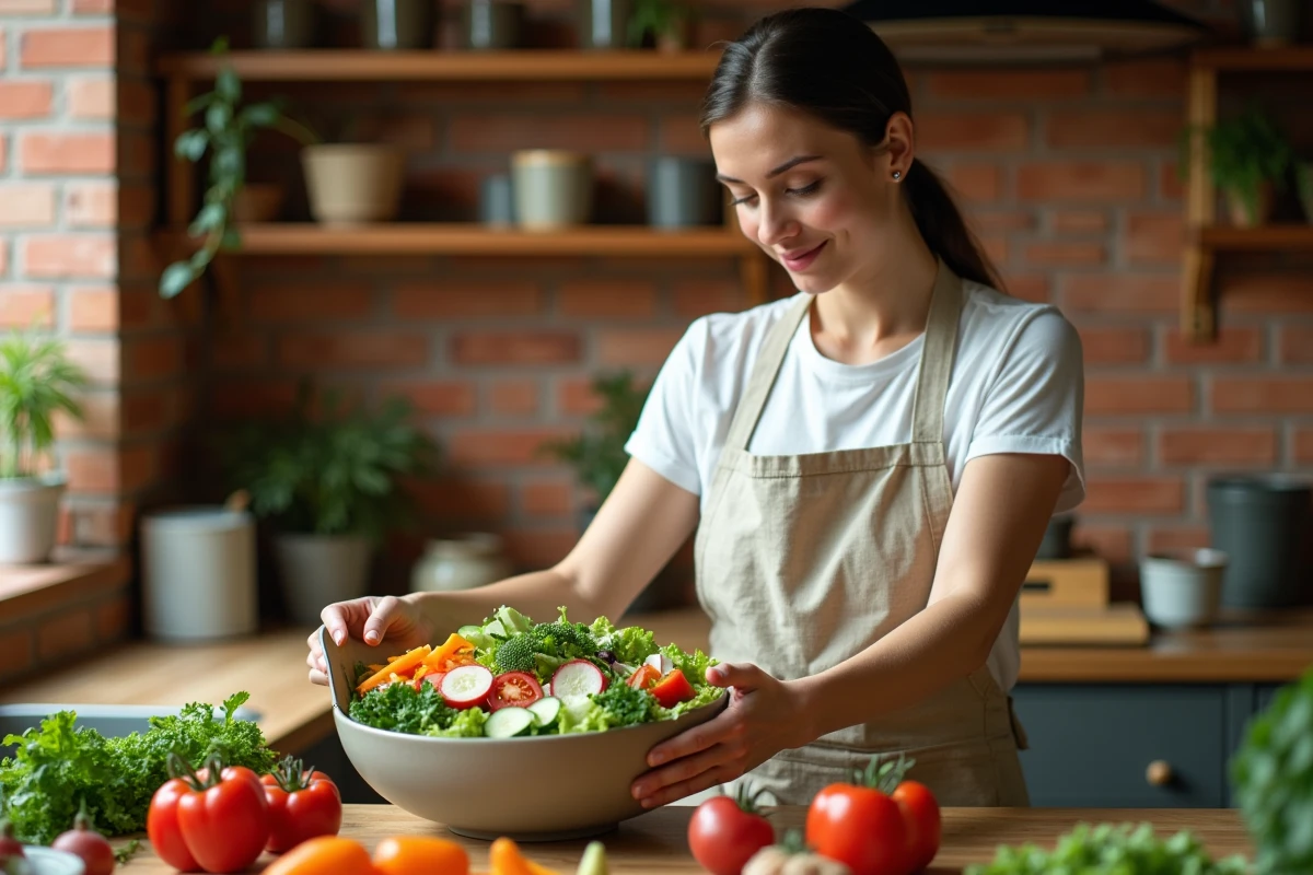 Femme préparant un grand saladier de légumes frais sans calories excessives dans une cuisine authentique