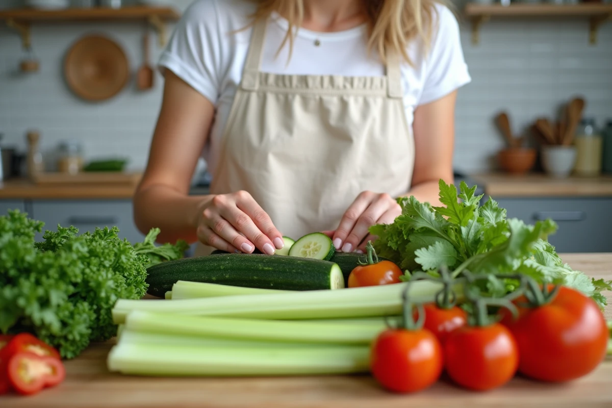 Femme préparant des légumes frais et peu caloriques comme le concombre, le céleri et les tomates cerises sur une planche en bois dans une cuisine moderne