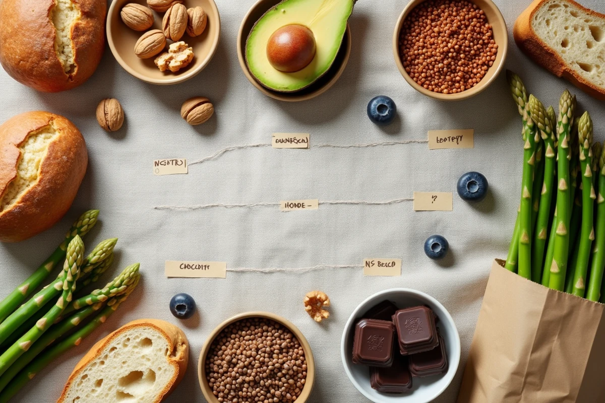 Vue de dessus d'une sélection d'aliments sains et écologiques — lentilles, avocat, noix, myrtilles et chocolat noir sur lin naturel