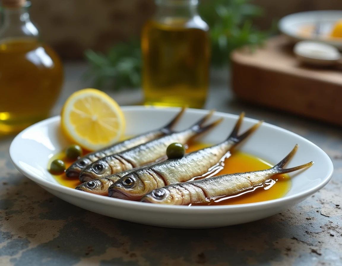 Filets d'anchois à l'huile d'olive disposés sur un plat en céramique blanche avec câpres et rondelle de citron