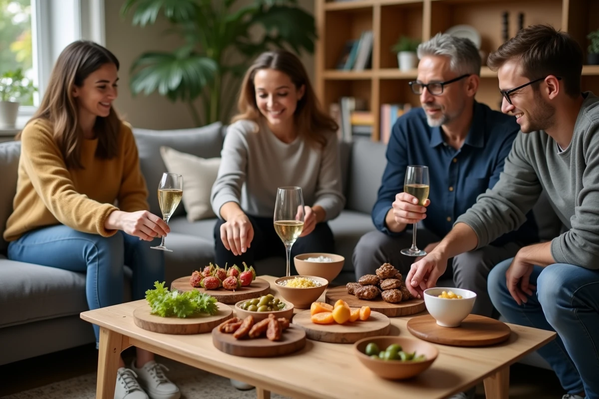 Groupe d'amis partageant un apéro dinatoire végétarien et sans gluten autour d'une table basse dans un salon convivial