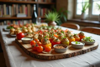 Plateau apéro dinatoire végétarien et sans gluten avec crudités, houmous et crackers de riz sur table en bois rustique