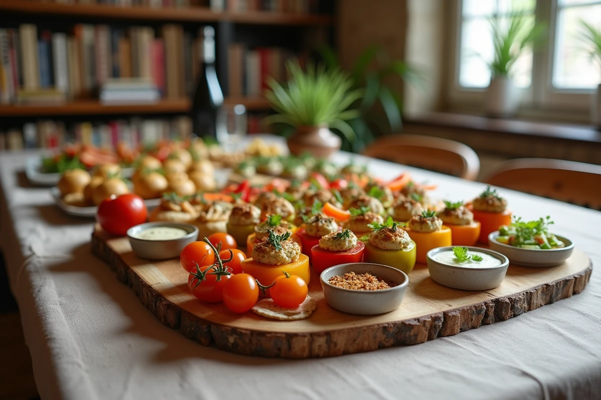 Plateau apéro dinatoire végétarien et sans gluten avec crudités, houmous et crackers de riz sur table en bois rustique