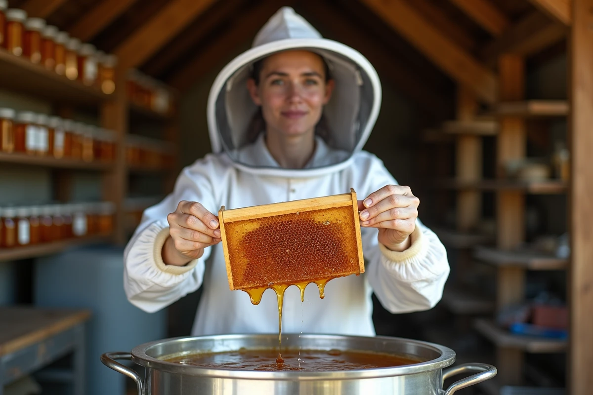 Apicultrice tenant un cadre de miel sombre et riche dans un atelier d'extraction artisanal, illustrant la récolte de miel nutritif