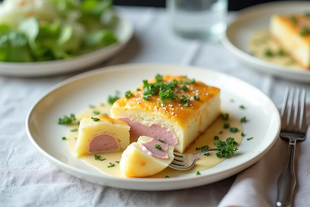 Assiette individuelle d'endive au jambon béchamel légère avec salade verte et persil haché