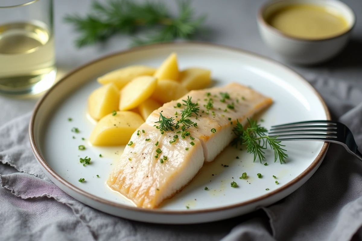 Assiette de filet de julienne au four servi avec pommes de terre vapeur et sauce citron-herbes sur une table à dîner minimaliste