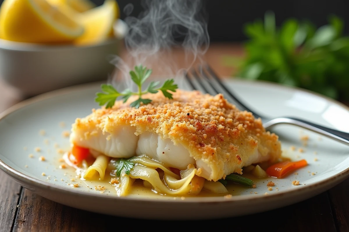 Assiette de gratin de julienne de poisson servi avec des légumes en julienne, chapelure croustillante et quartiers de citron en fond