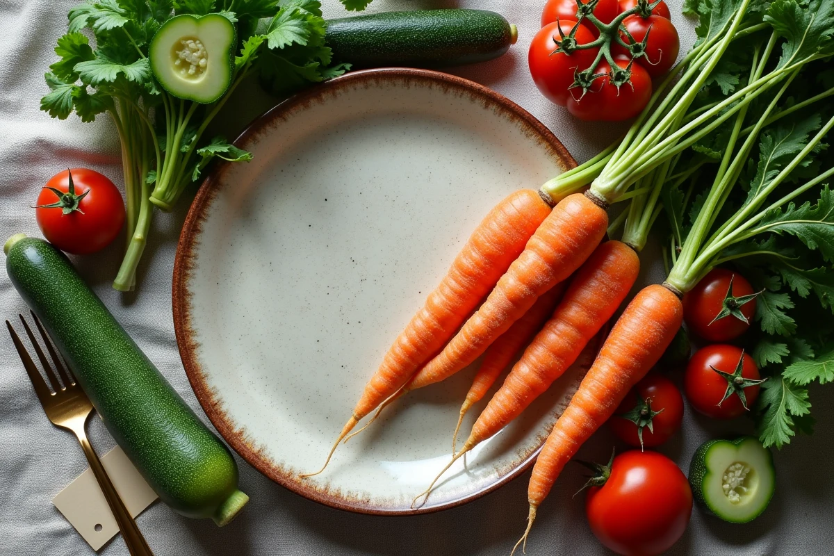 Vue aérienne de légumes frais et sains sur une assiette rustique, parfaits pour une alimentation quotidienne équilibrée