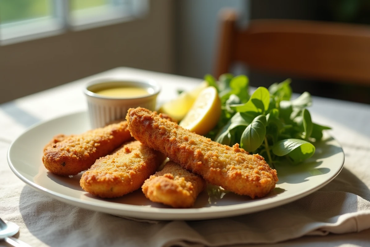 Assiette de filets de poulet panés à la farine de maïs avec sauce moutarde au miel et salade verte