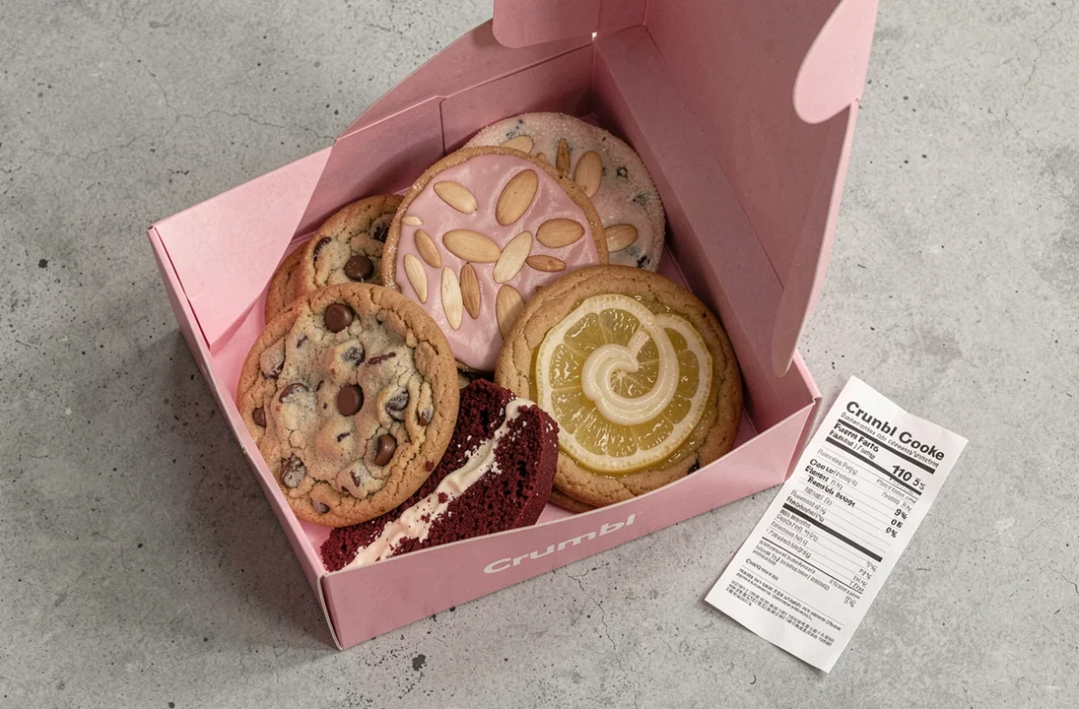 Vue du dessus de quatre variétés de cookies Crumbl dans leur boîte rose ouverte sur une surface en béton gris avec étiquette nutritionnelle et reçu