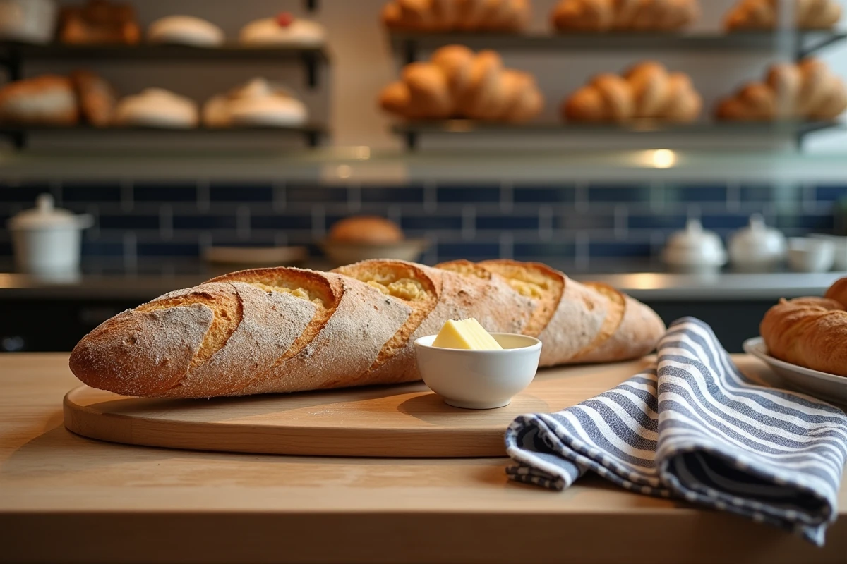 Baguette tradition française posée sur une planche en bois dans une boulangerie parisienne authentique, avec du beurre salé normand