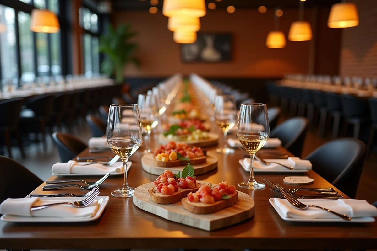 Table de banquet d'anniversaire dressée dans un restaurant avec charcuterie, coupes de champagne et décoration élégante pour un repas de fête