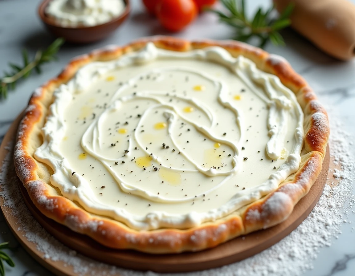 Base de pizza blanche à la ricotta crémeuse et à la crème avec herbes et filet d'huile d'olive sur pelle à pizza