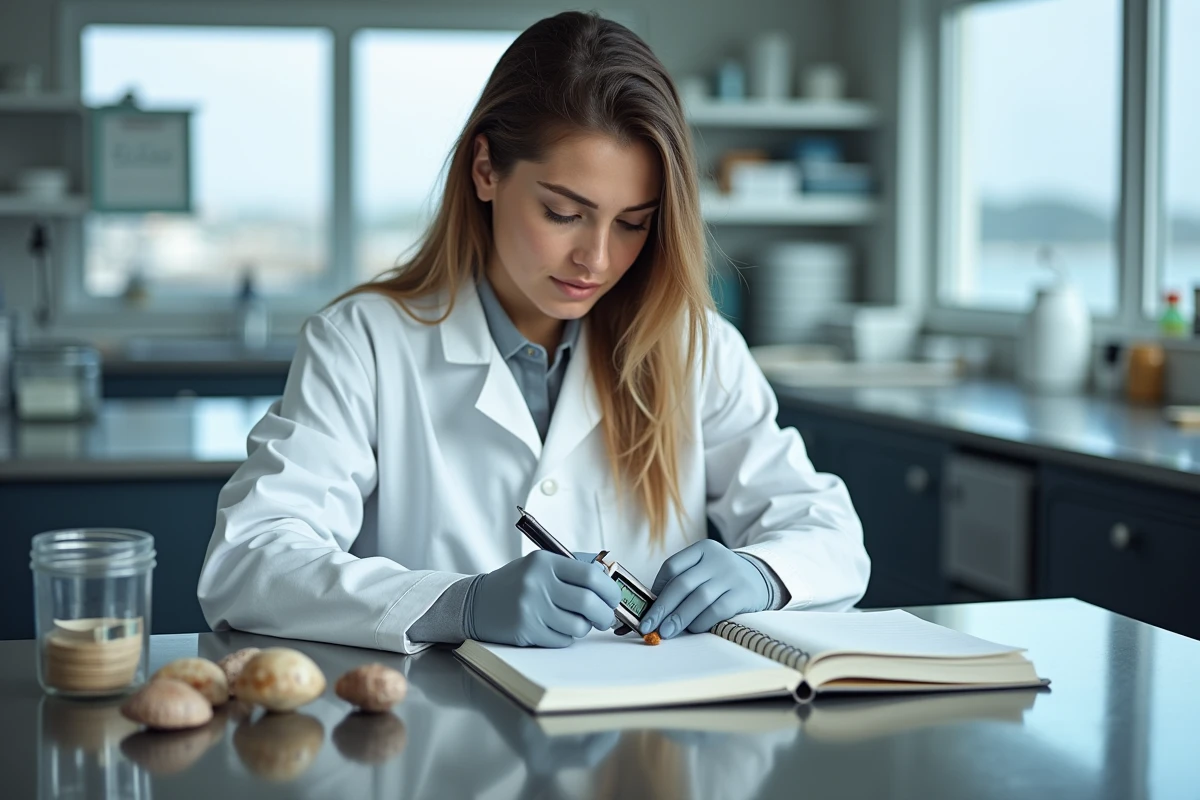 Biologiste marine analysant la chair de moules de bouchot dans un laboratoire côtier