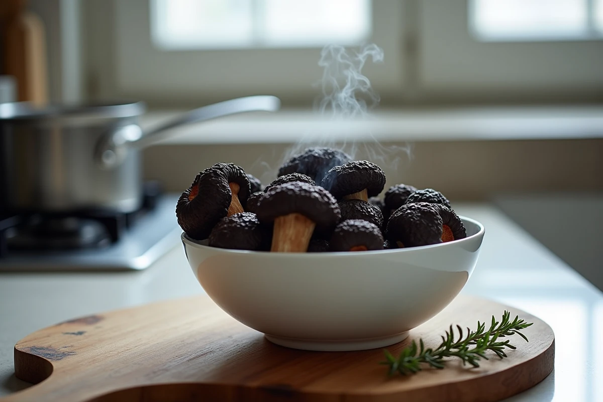 Trompettes de la mort blanchies dans un bol en céramique blanche, technique pour réduire l'amertume des champignons
