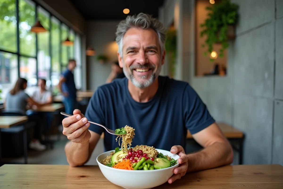 Homme savourant un bol de quinoa et légumes colorés dans un café moderne, alimentation équilibrée et rassasiante