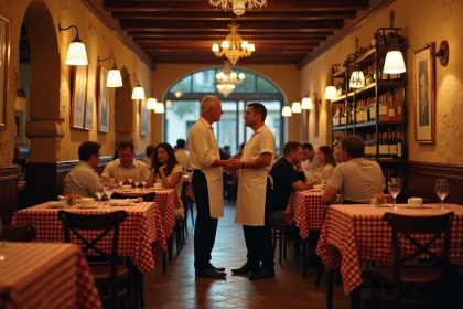 Couple refusé à l'entrée d'un bouchon lyonnais bondé un samedi soir, maître d' en tablier blanc s'excusant devant la salle comble
