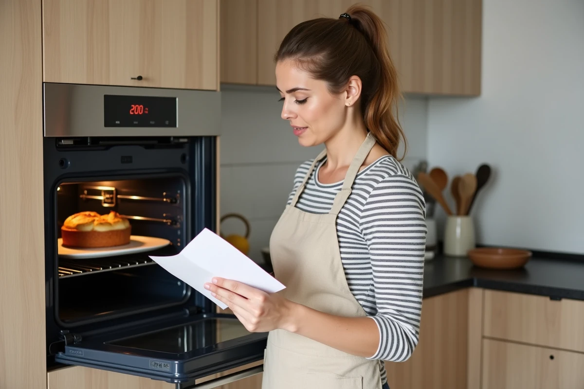 Femme boulangère amateur consultant une recette devant son four ouvert réglé à 200°C avec un gâteau doré en cours de cuisson