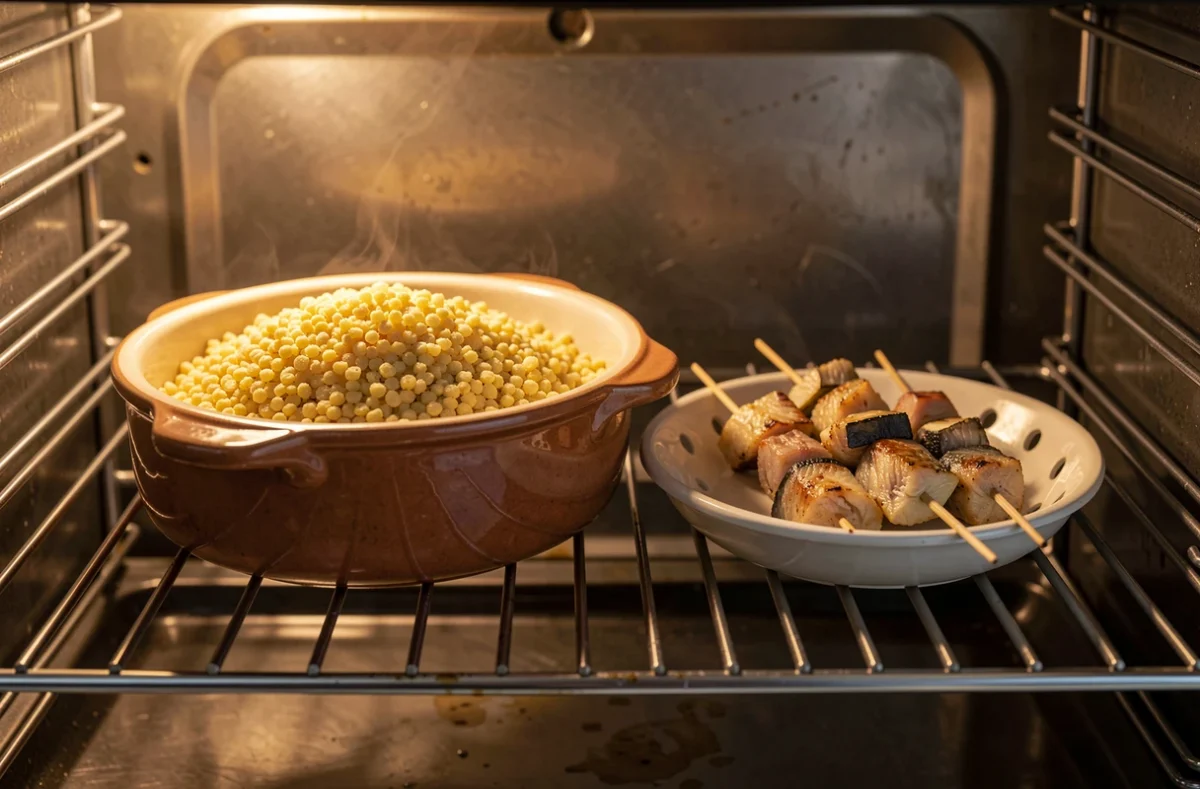 Boulgour et brochettes de poisson cuits ensemble sur deux niveaux