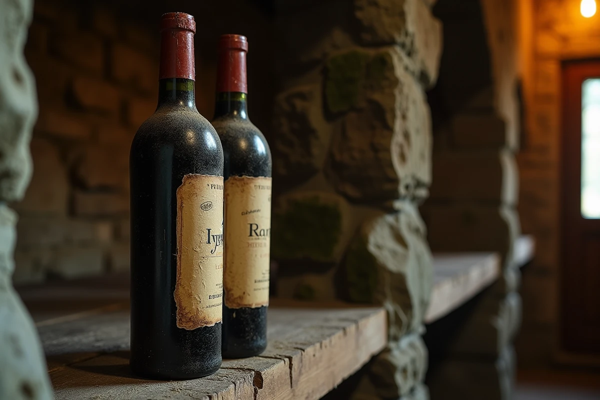 Bouteille de vin vieille de 40 ans couverte de poussière dans une cave en pierre, étiquette jaunie et millésime ancien visible