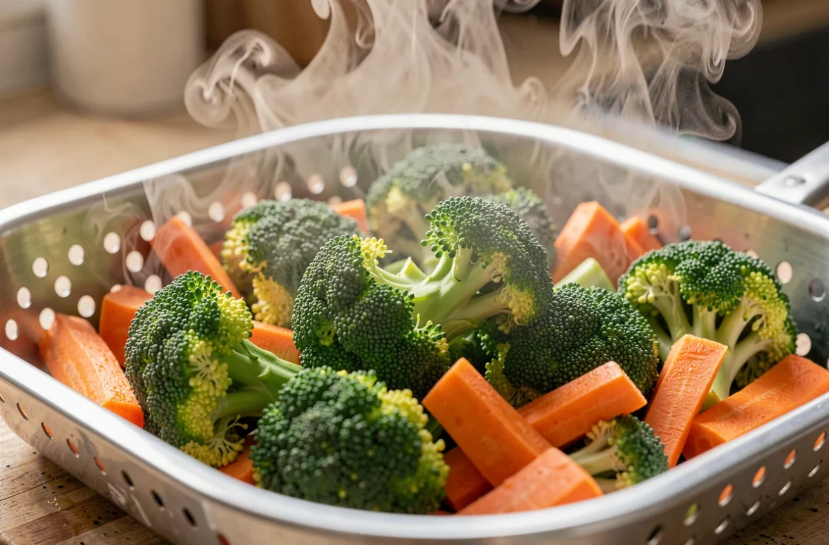Brocolis et carottes fermes dans un bac de cuisson vapeur