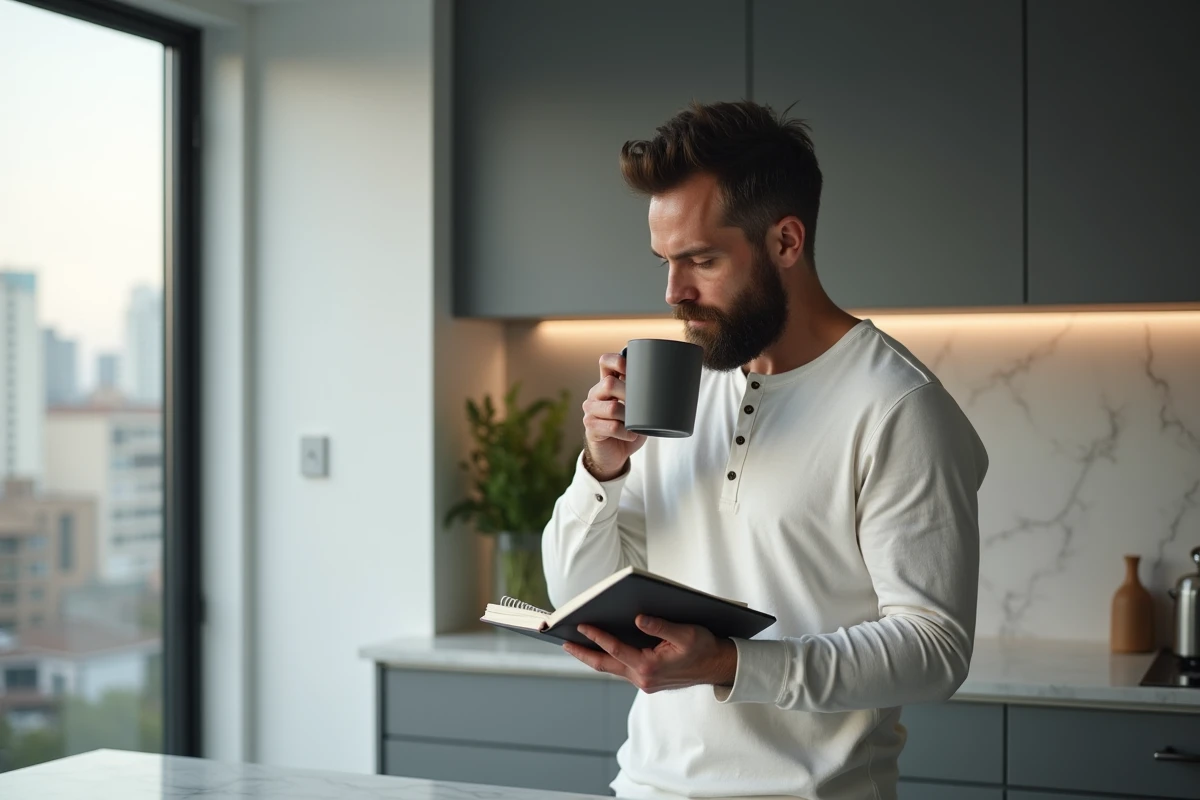 Homme buvant un café noir dans une cuisine moderne dans le cadre d'un jeûne intermittent matinal