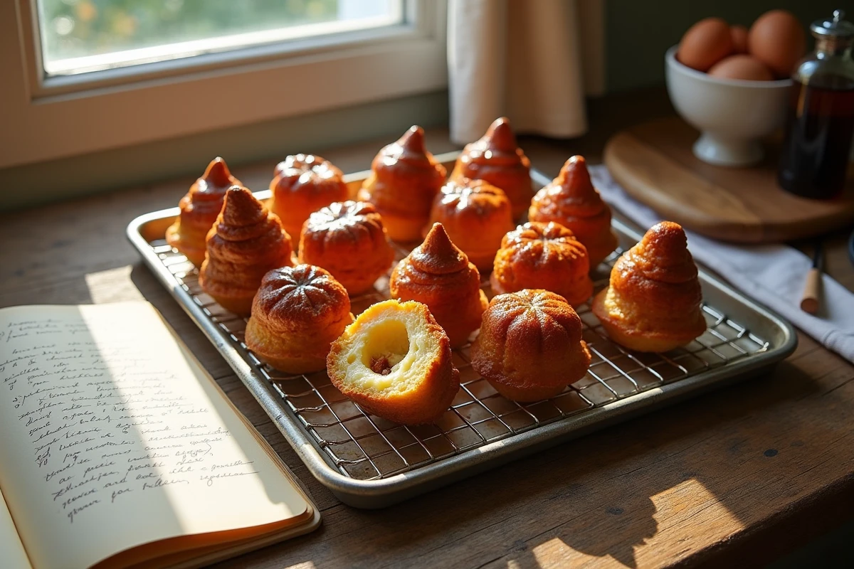 Plateau de canelés fraîchement cuits en grande quantité sur une grille en bois, croûte caramélisée brillante et intérieur moelleux visible