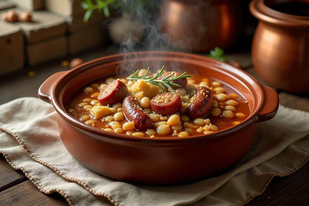 Cassoulet traditionnel français servi dans une terrine en céramique rustique sur une table en chêne, plat typique du Sud-Ouest de la France