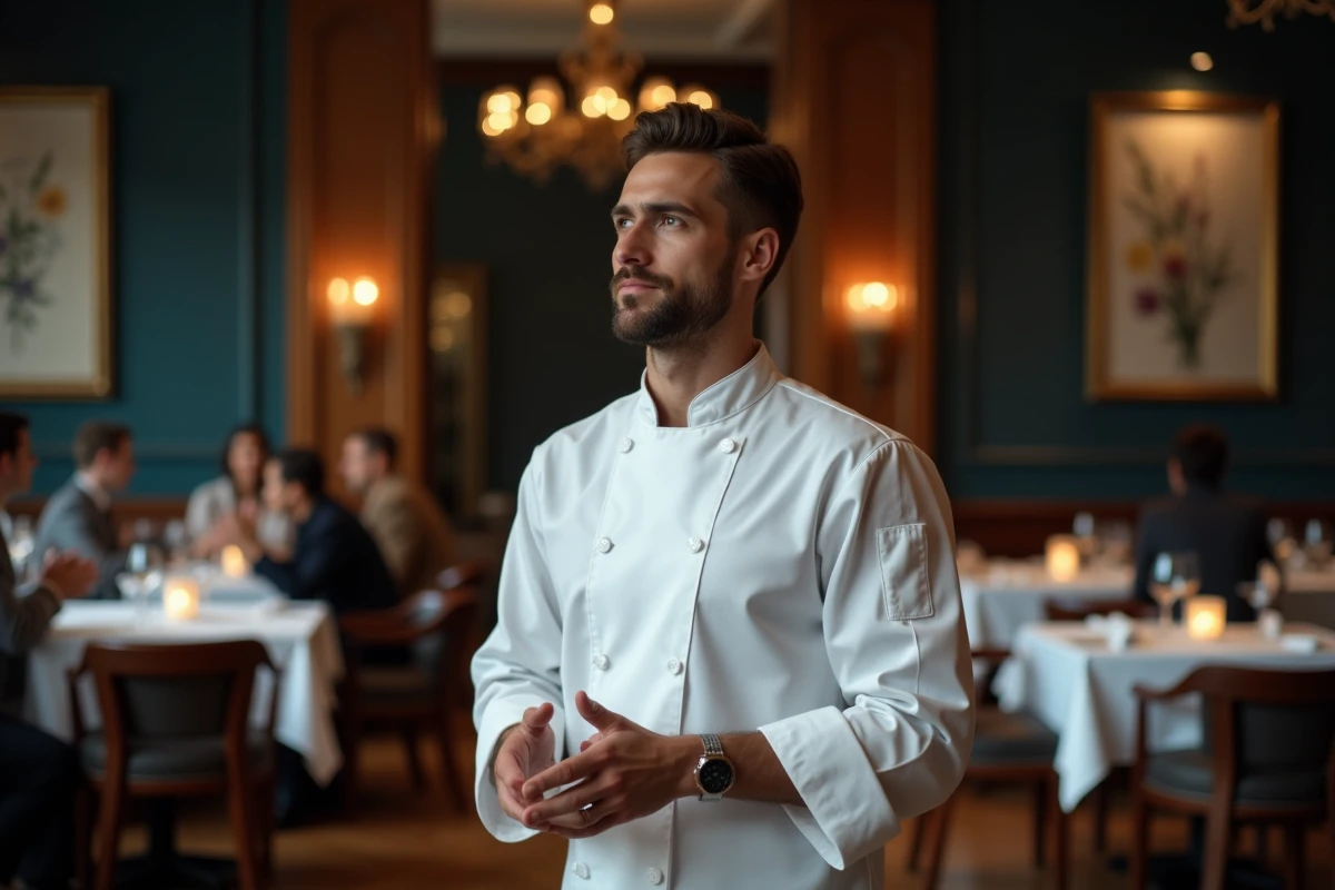 Jeune chef récompensé lors d'une cérémonie de remise d'étoiles Michelin dans un restaurant gastronomique