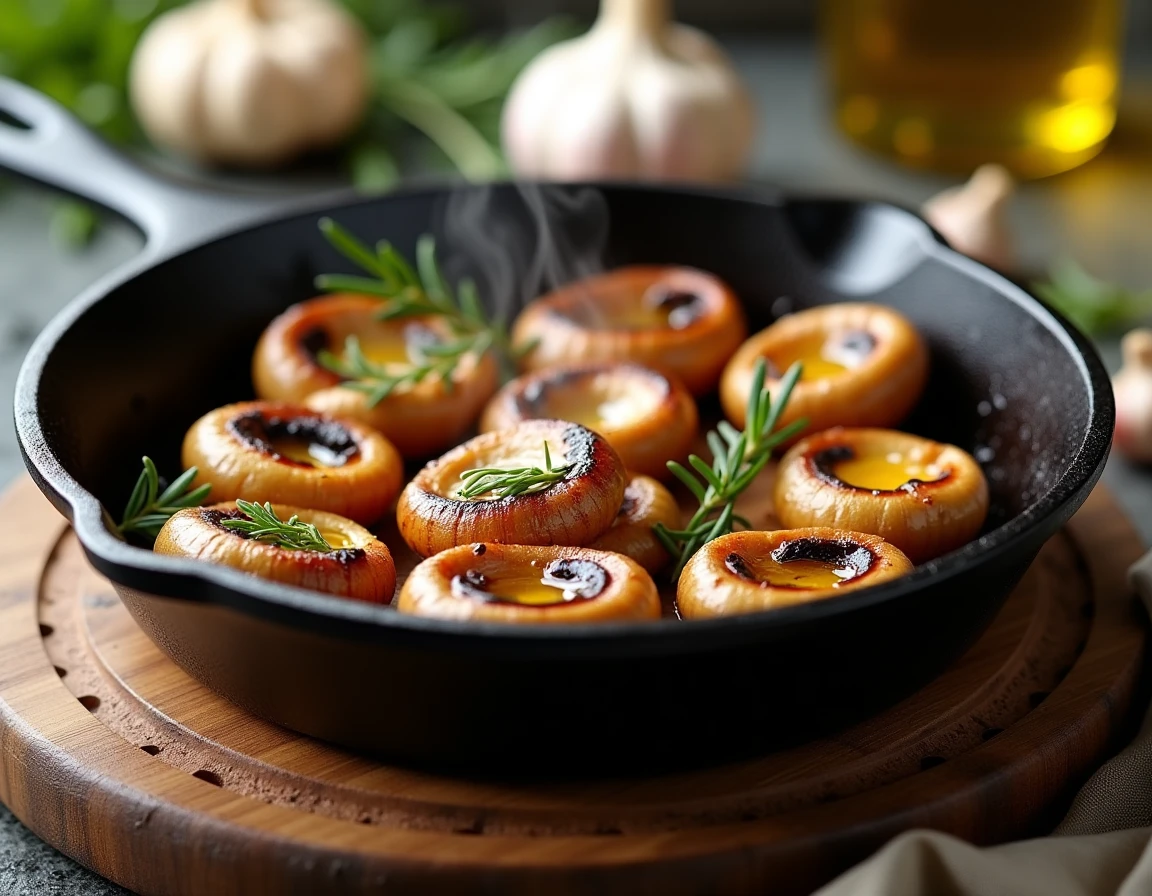 Champignons de Paris précuits et caramélisés dans une petite poêle en fonte avec thym et huile d'olive