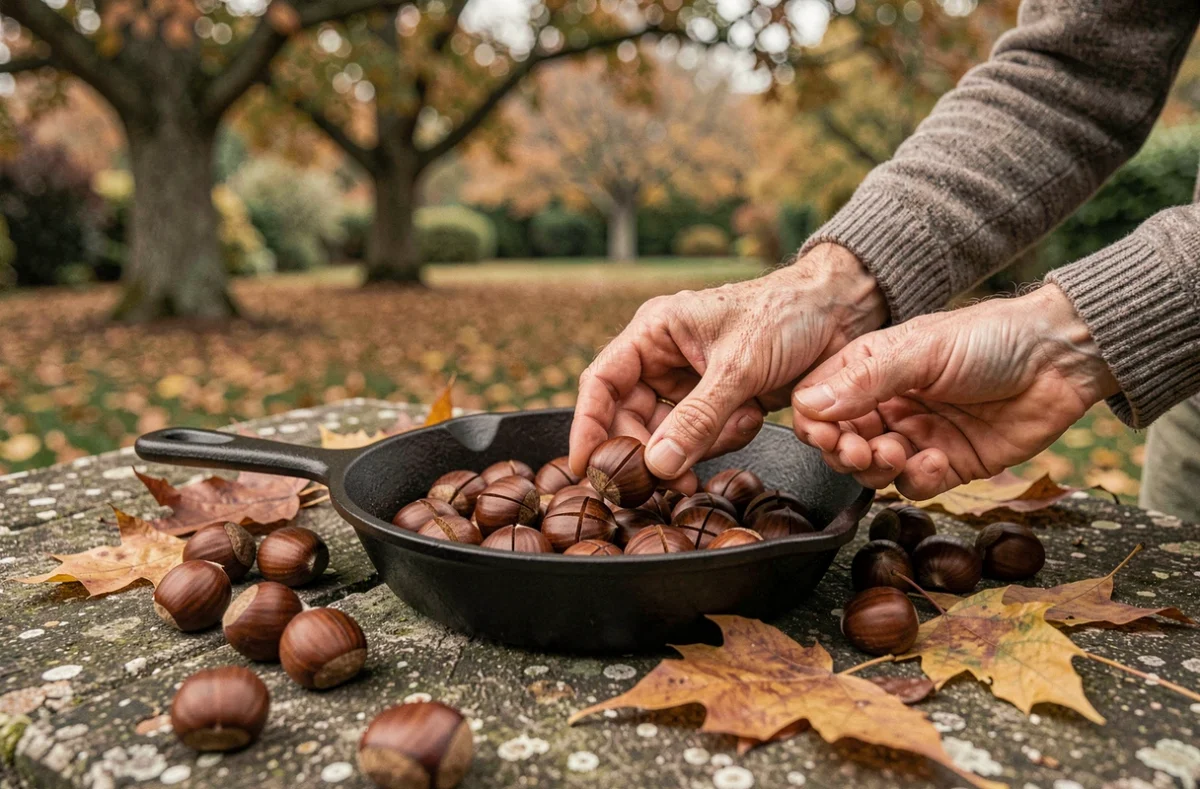 Mains posant des châtaignes incisées sur une poêle en fonte sur une table de jardin en automne