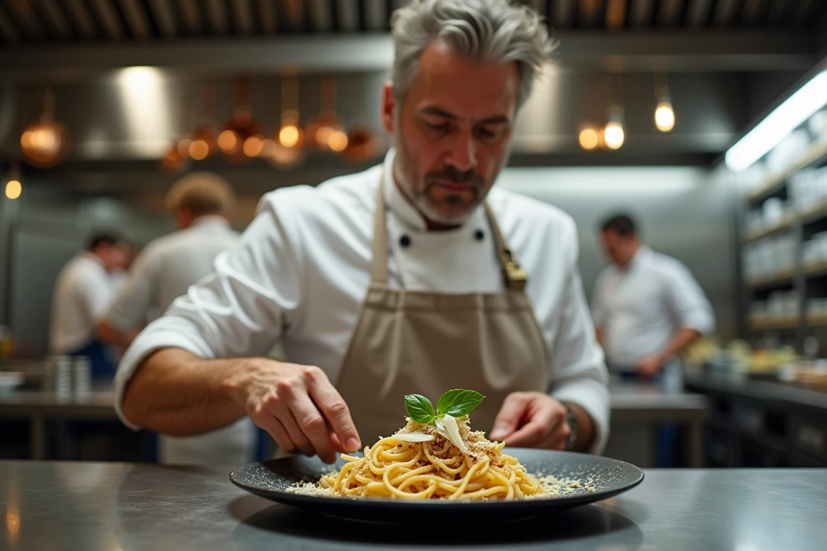Chef cuisinier expérimenté dressant un plat de pâtes aux truffes et parmesan dans une cuisine de restaurant professionnelle