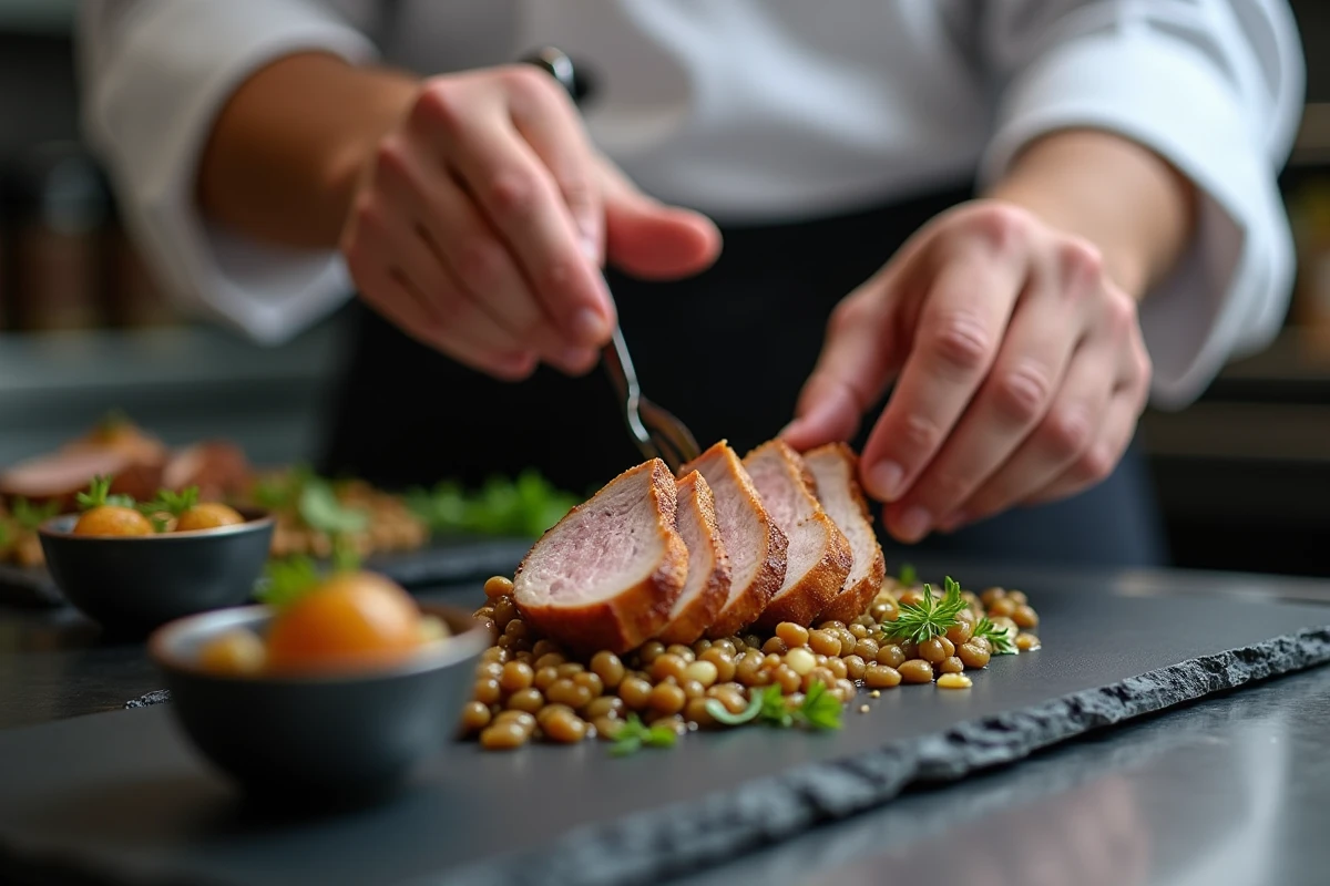 Chef en train de dresser une assiette de confit de canard avec lentilles du Puy et chutney pomme calvados dans une cuisine de restaurant