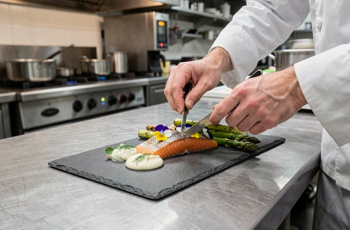Chef dressant un filet de saumon au cuir croustillant sur ardoise avec fleurs comestibles et crème à l'aneth dans une cuisine professionnelle
