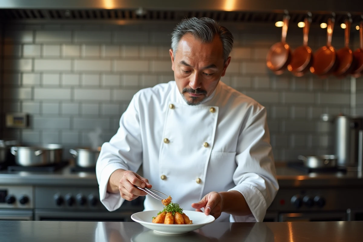 Chef étoilé dressant une assiette gastronomique dans sa cuisine de restaurant