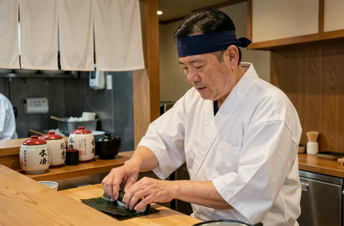 Chef cuisinier japonais en tenue traditionnelle préparant des makis derrière le comptoir d'un restaurant japonais à Lille dans les Hauts-de-France