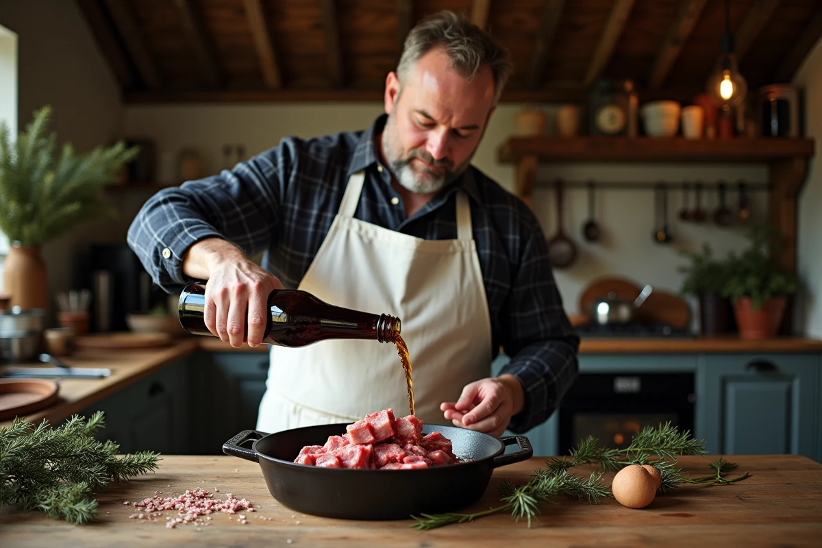 Chef versant de la bière brune sur du chevreuil cru dans un plat en fonte dans une cuisine rustique