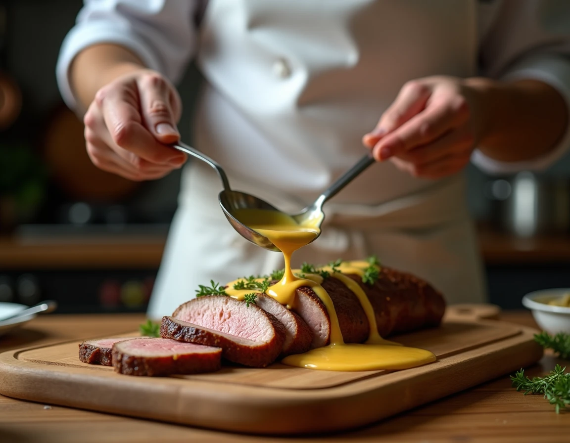 Chef versant une sauce aux morilles sur un rôti de veau tranché dans une cuisine chaleureuse