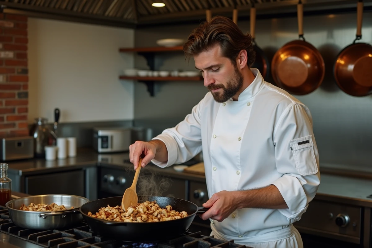 Chef cuisinier faisant revenir des trompettes de la mort réhydratées dans une poêle en fonte pour atténuer leur amertume